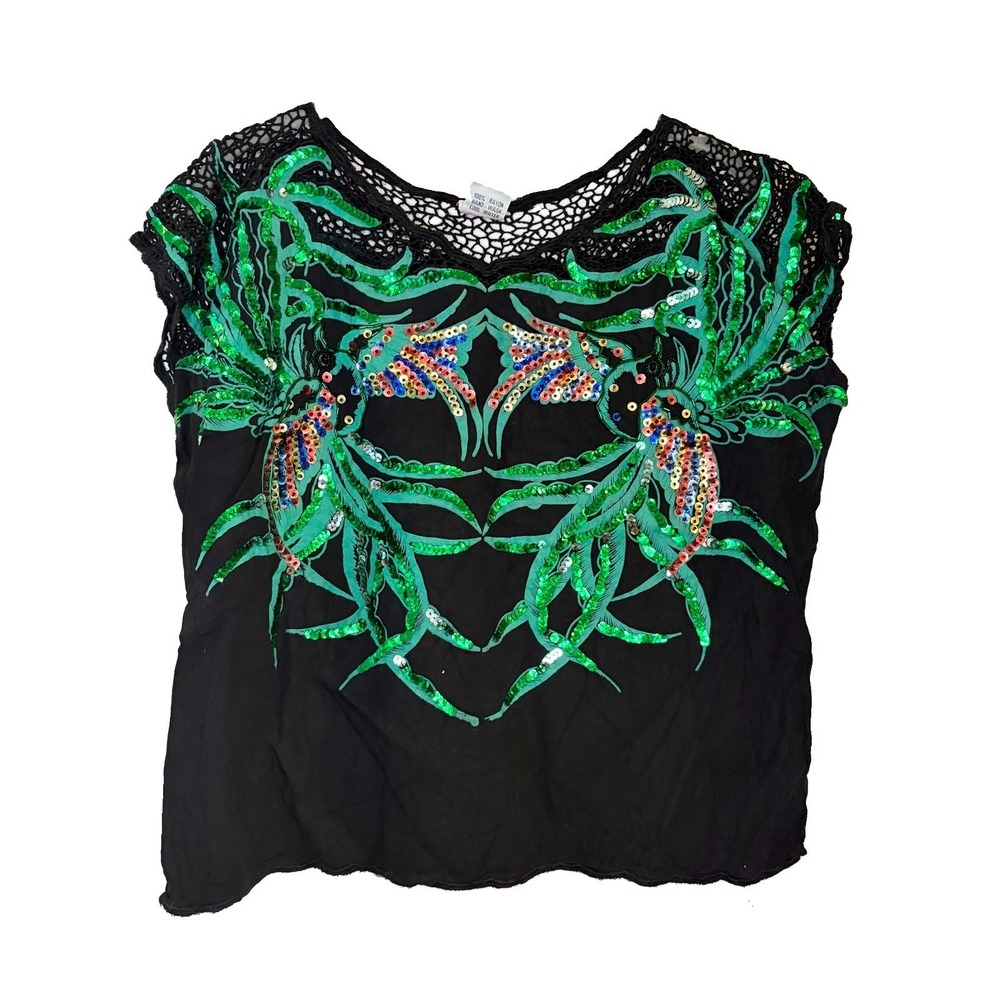 Bali Moon Handmade Womens Black T-shirt Top Sequin Tropical Resort Sz S